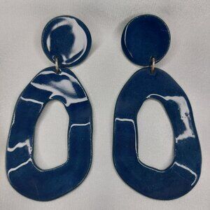 Artisan Clay Earrings Navy Blue Pierced Dangle Oval Articulated Like New